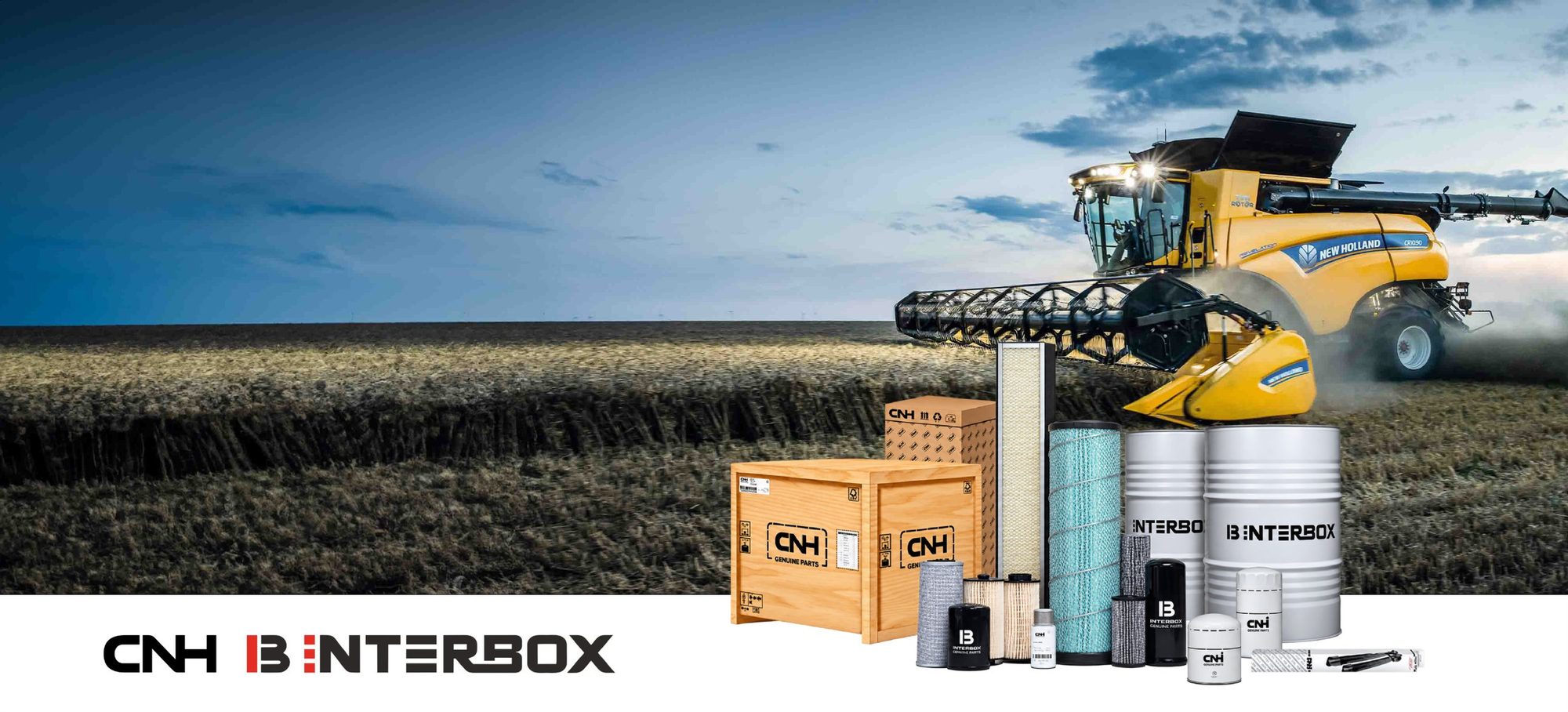 Комбайн New Holland в поле, оригинальные запчасти CNH и фильтры, масла Interbox